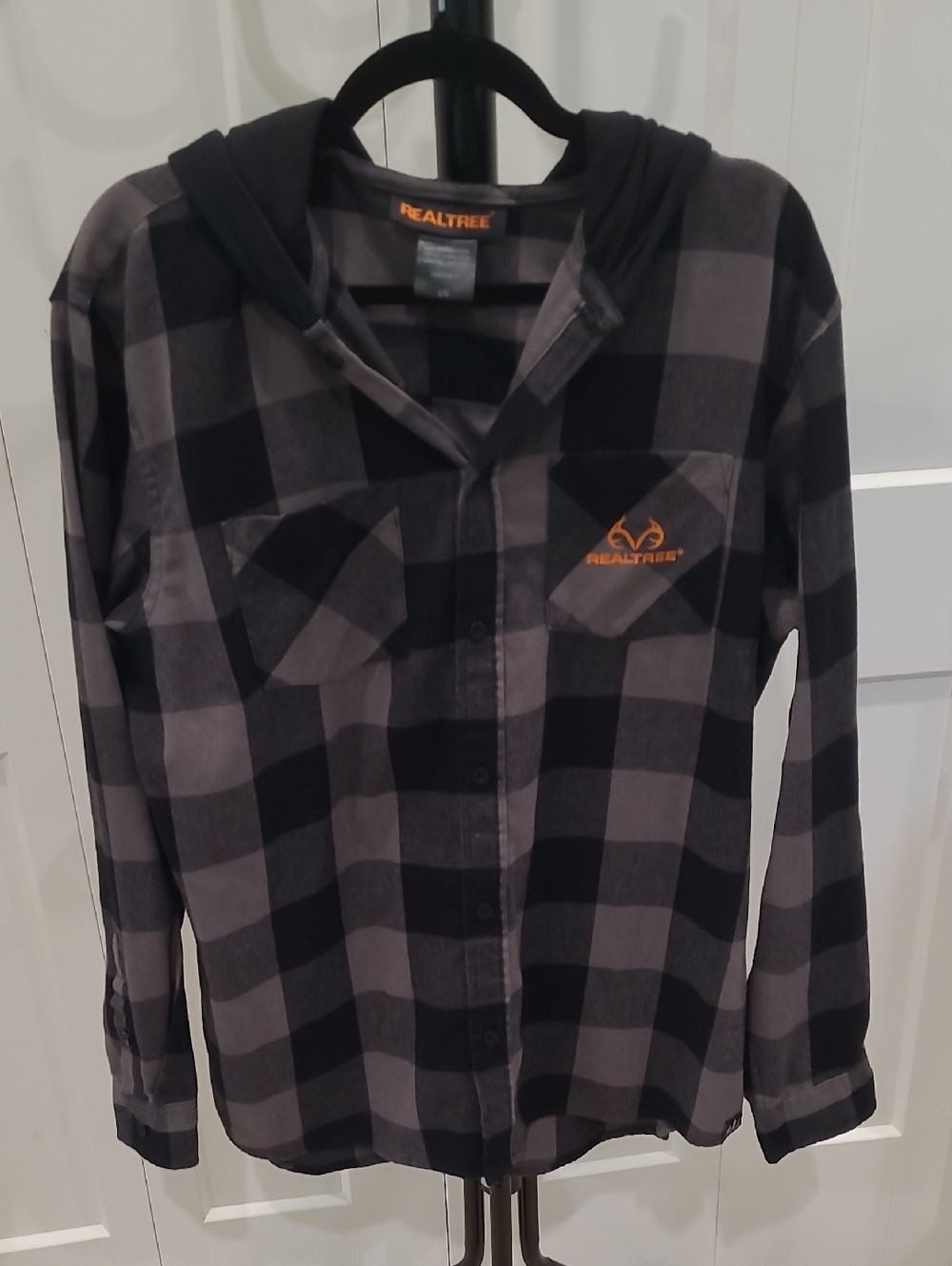 Realtree Black and Gray Plaid Hooded Button-Down Shirt with Orange Logo